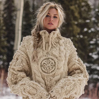 Pull Chaud à Col Roulé pour Femme | Motif Viking Celtique en Jacquard Tricoté avec Runes