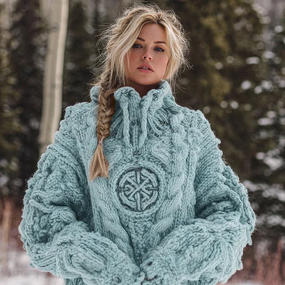 Pull Chaud à Col Roulé pour Femme | Motif Viking Celtique en Jacquard Tricoté avec Runes