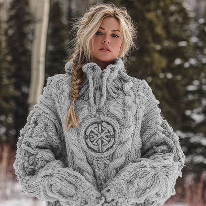 Pull Chaud à Col Roulé pour Femme | Motif Viking Celtique en Jacquard Tricoté avec Runes