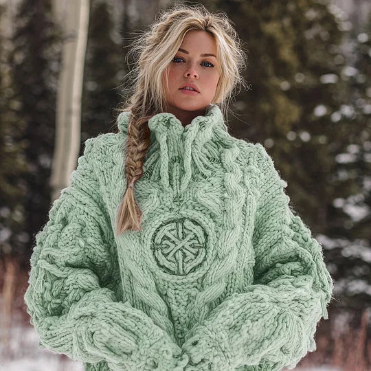 Pull Chaud à Col Roulé pour Femme | Motif Viking Celtique en Jacquard Tricoté avec Runes