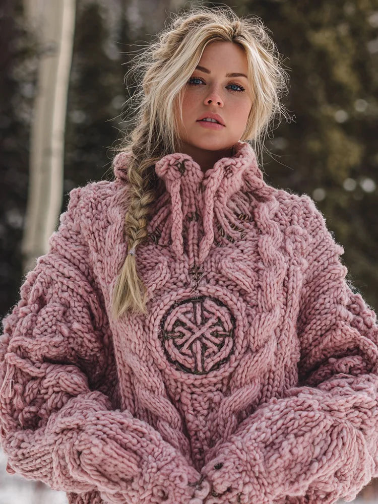 Pull Chaud à Col Roulé pour Femme | Motif Viking Celtique en Jacquard Tricoté avec Runes